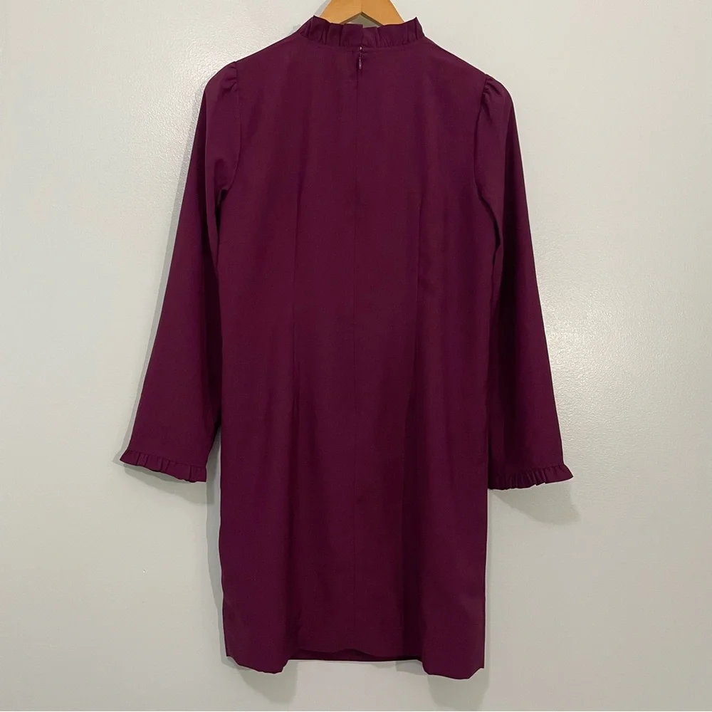 J. Crew Long Sleeve Burgundy Purple Ruffle Neck Shift Dress 4